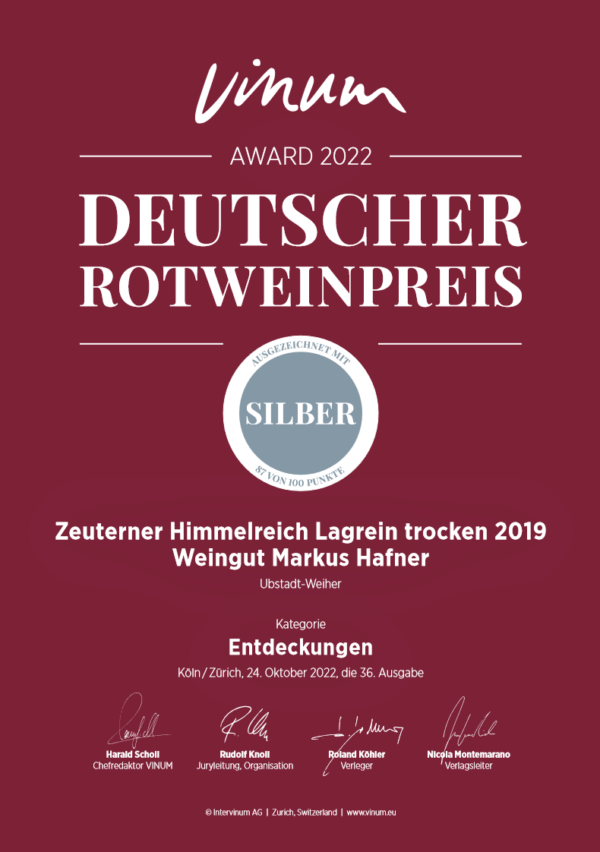 Zertifikat Lagrein Deutscher Rotweinpreis Silber